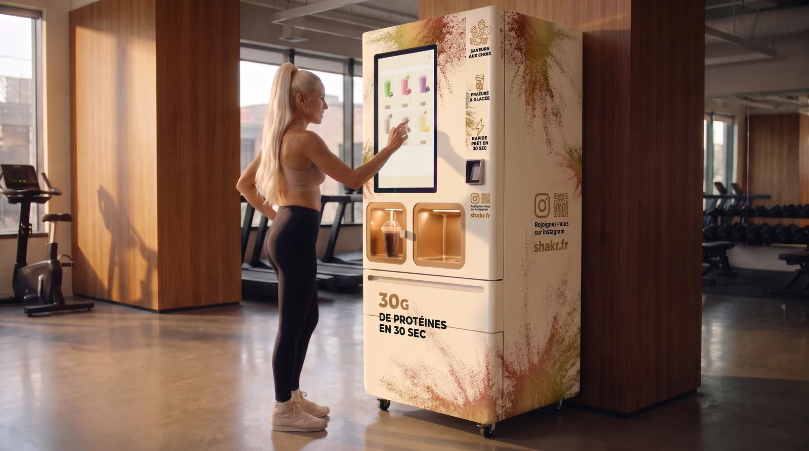 Borne SHAKR crème en mise en situation dans une salle de sport — visuel d’illustration non contractuel