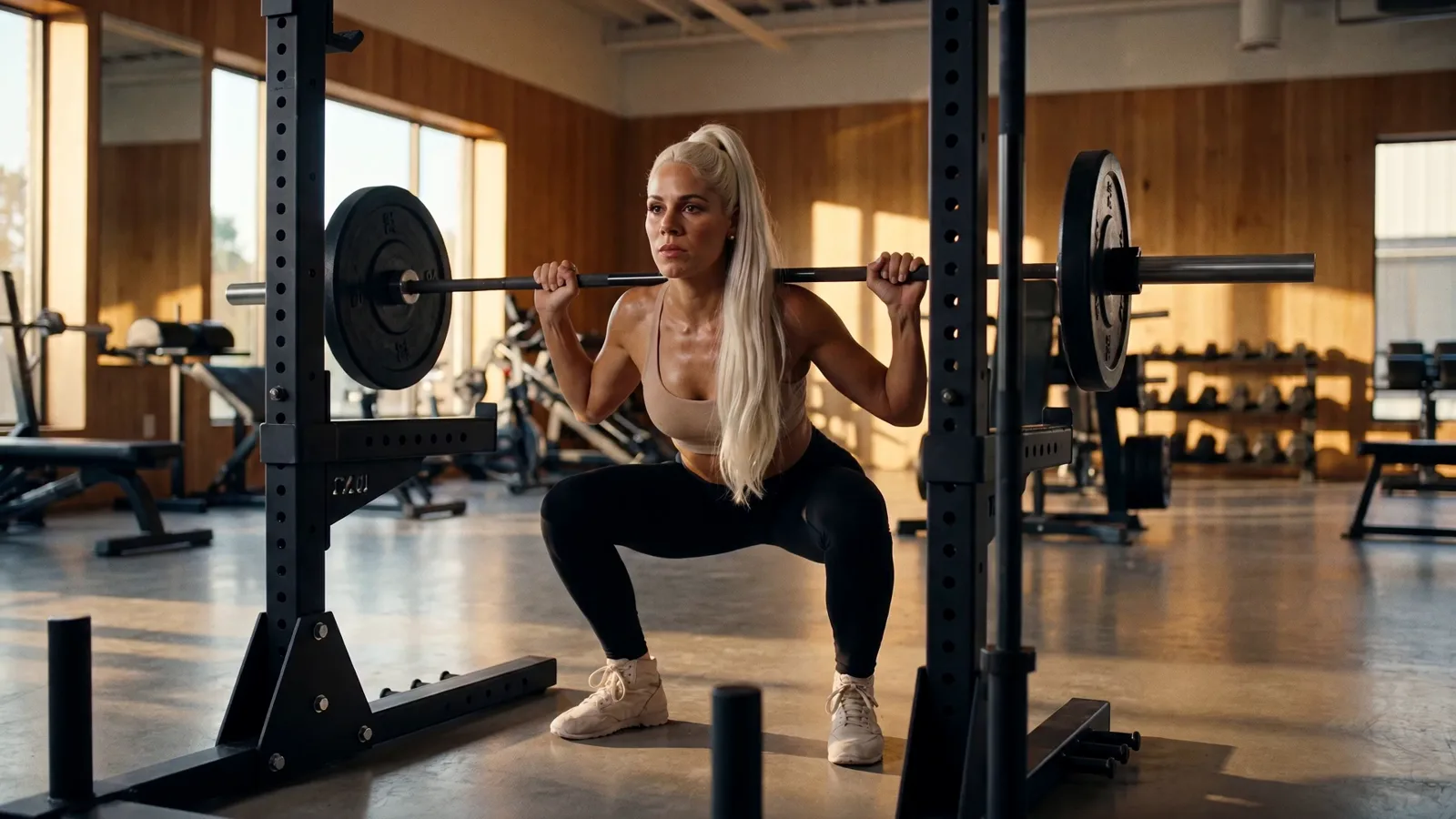 Athlète sous la barre de squat, concentration maximale
